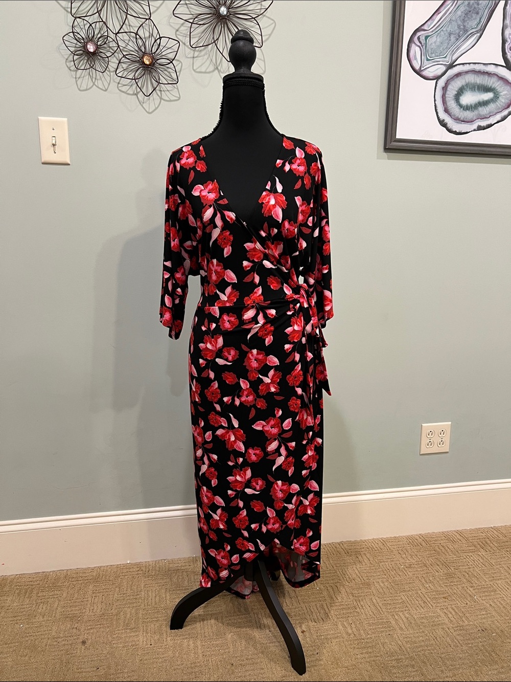 Black Floral Faux Wrap Dress with Red Pink Blooms